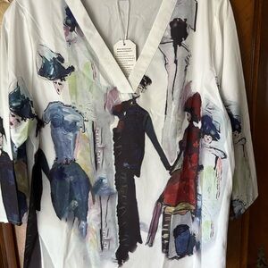 Artistic Print V-Neck Blouse - Multicolor Sz L Art deco painted.